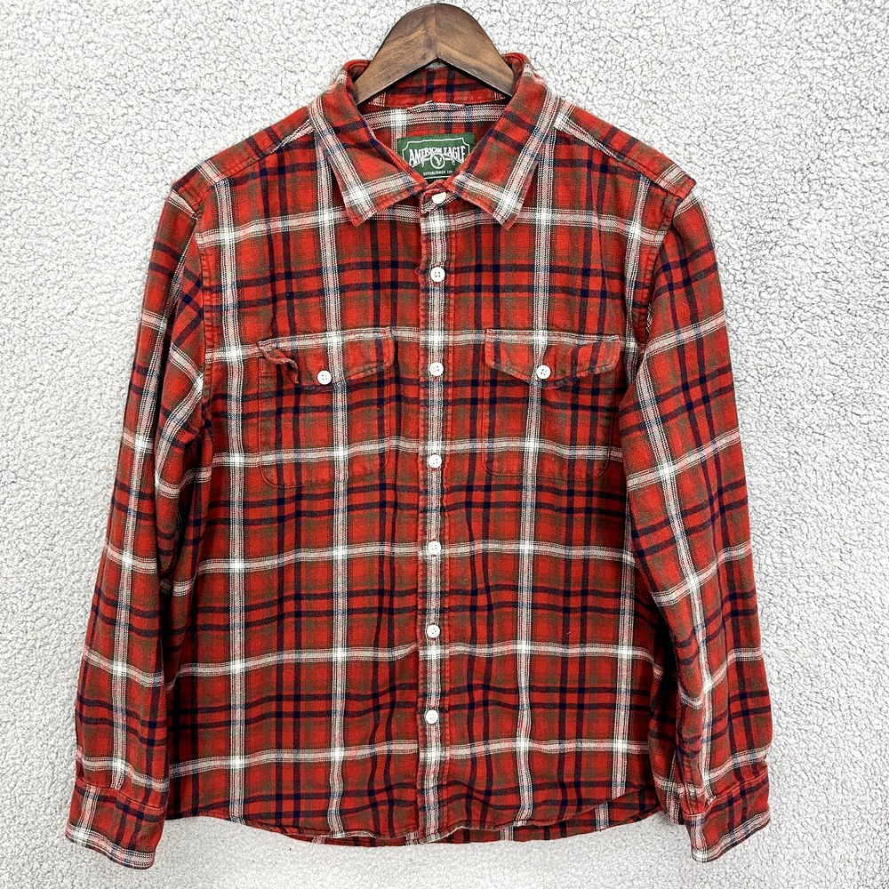 American Eagle Men XL Red Plaid Flannel Shirt Cotton Grunge Workwear Y2K Western